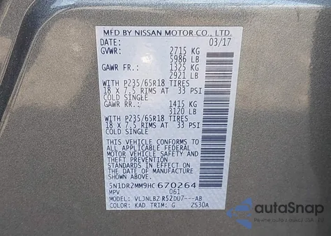 2017 Nissan Pathfinder S z USA, uszkodzony, nr VIN 5N1DR2MM9HC670264